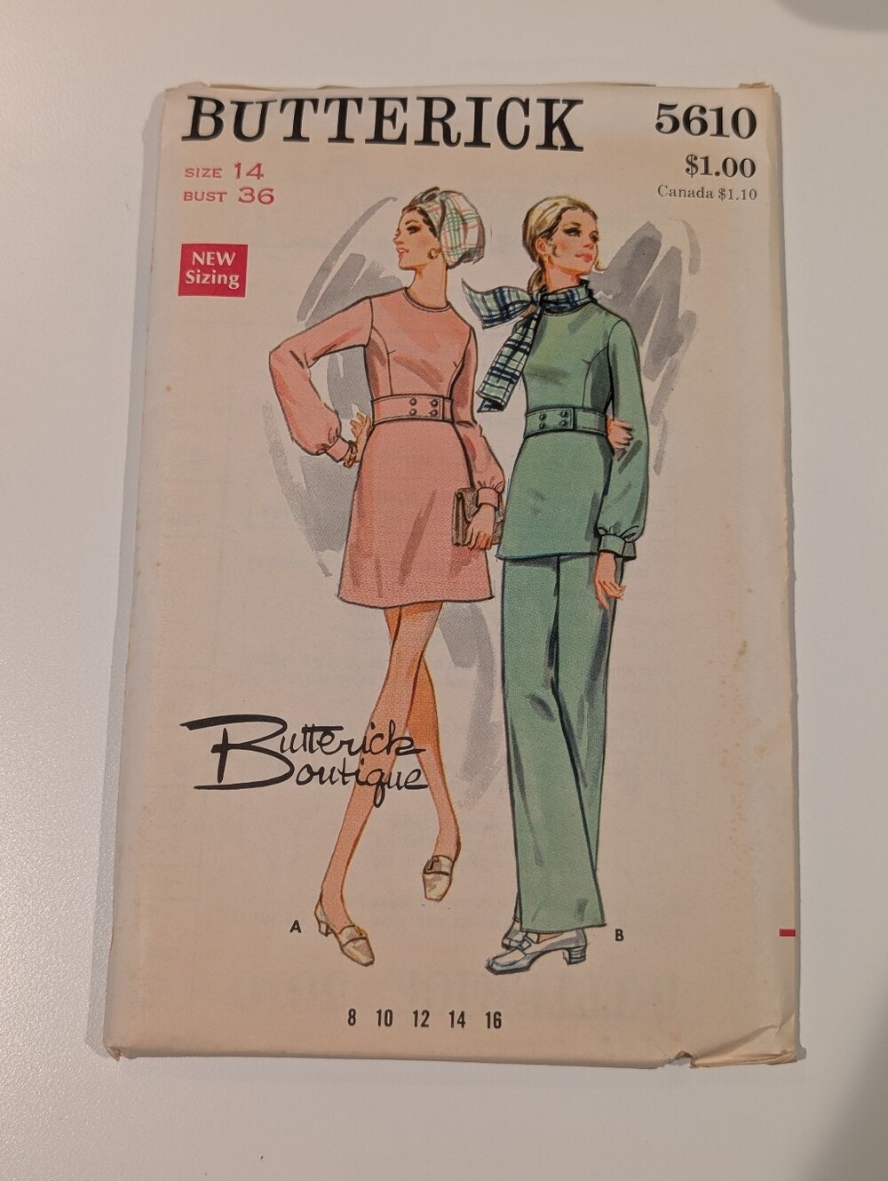 Vintage 1960s Butterick 5610 Sewing Pattern Mod A-Line Dress Tunic Pants Size 14